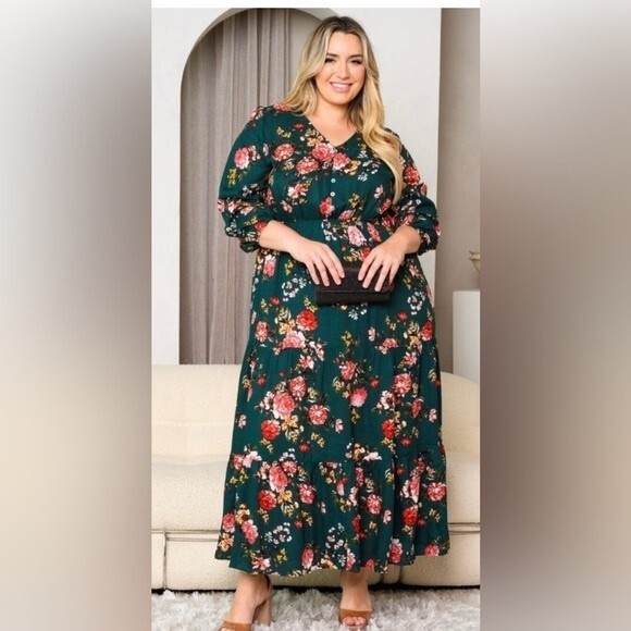 Dress: 3/4 Sleeve Maxi Dress Fall Floral - Picture 2 of 3